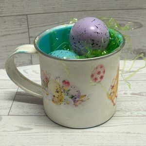 Tin cup vintage Easter decor spring flowers Egg Chick OOAK Shabby Cottagecore